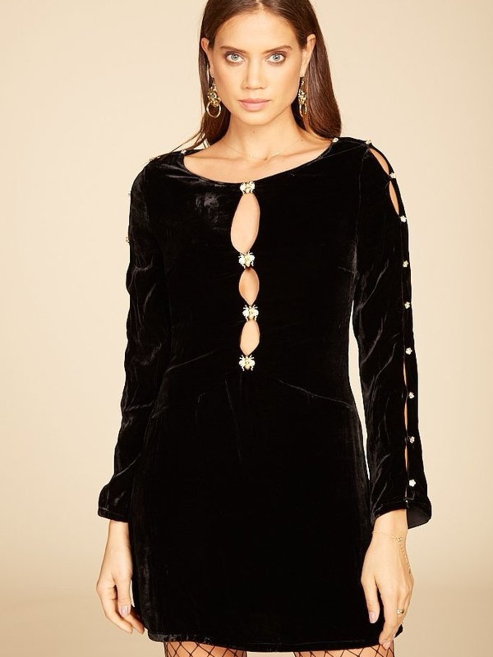 For Love & Lemons Beatrix Black Velvet Long Sleeve Mini Dress with Jewel Cutouts